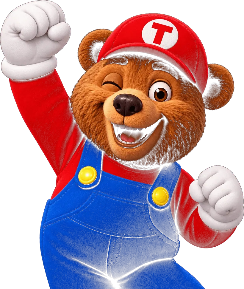 Theo, o urso mascote do Brava Park Fest, de boné vermelho, macacão azul e luvas brancas, comemorando
