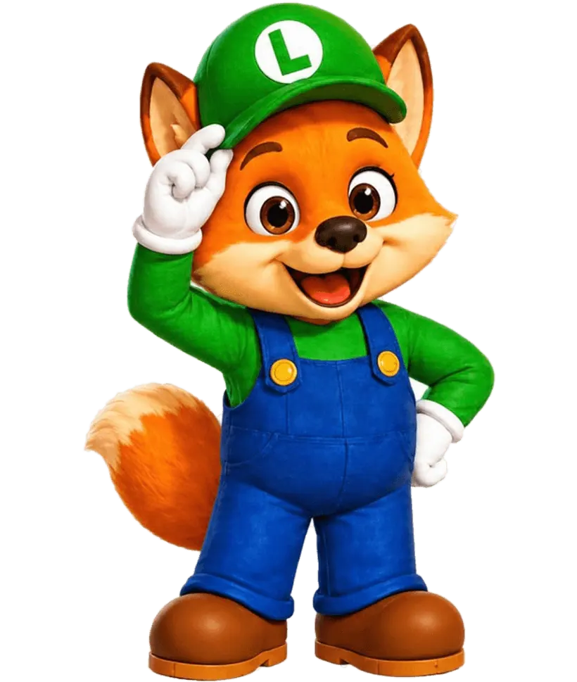 Nino, o raposo mascote do Brava Park Fest, de boné verde e macacão azul, acenando